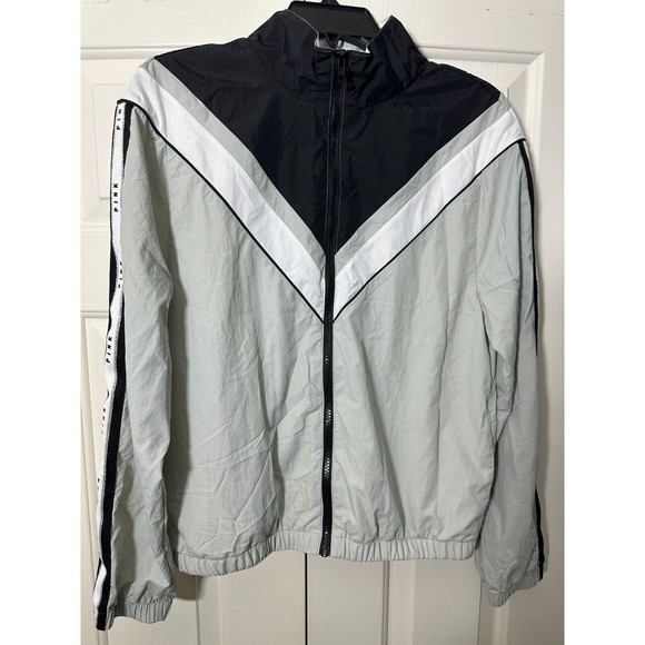 PINK Victoria's Secret Black Logo Zip Windbreaker Jacket Black White Gray XS - Picture 2 of 16